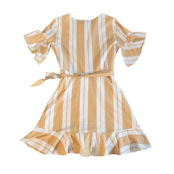 Express Cotton Ruffle Flare Sleeve Wrap Dress in Tan + White Stripes Size Small - Picture 8 of 10